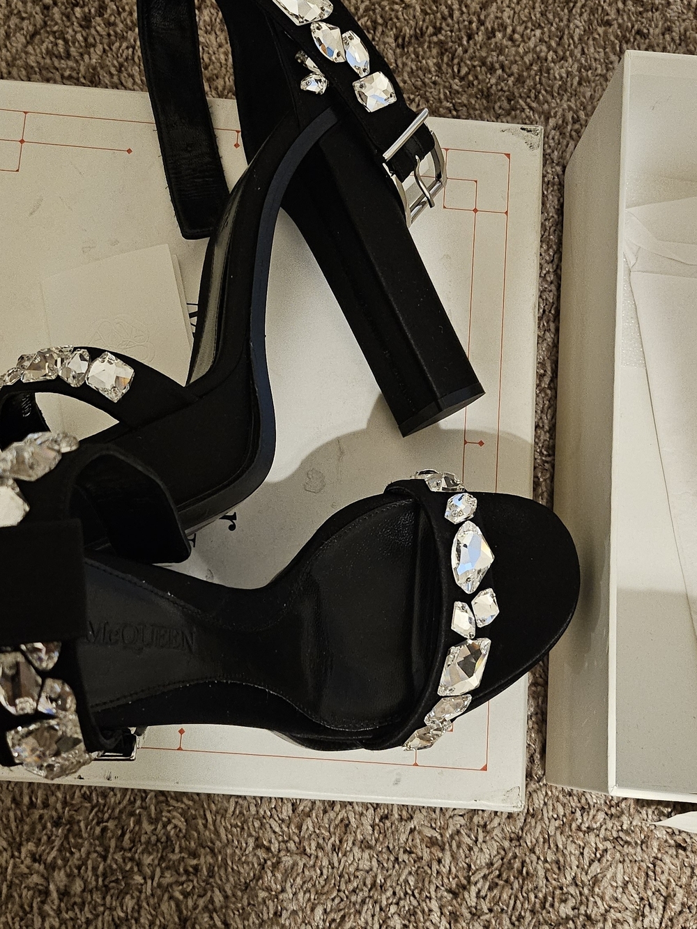 Alexander McQueen Black Crystal-Embellished Block Heel Sandals